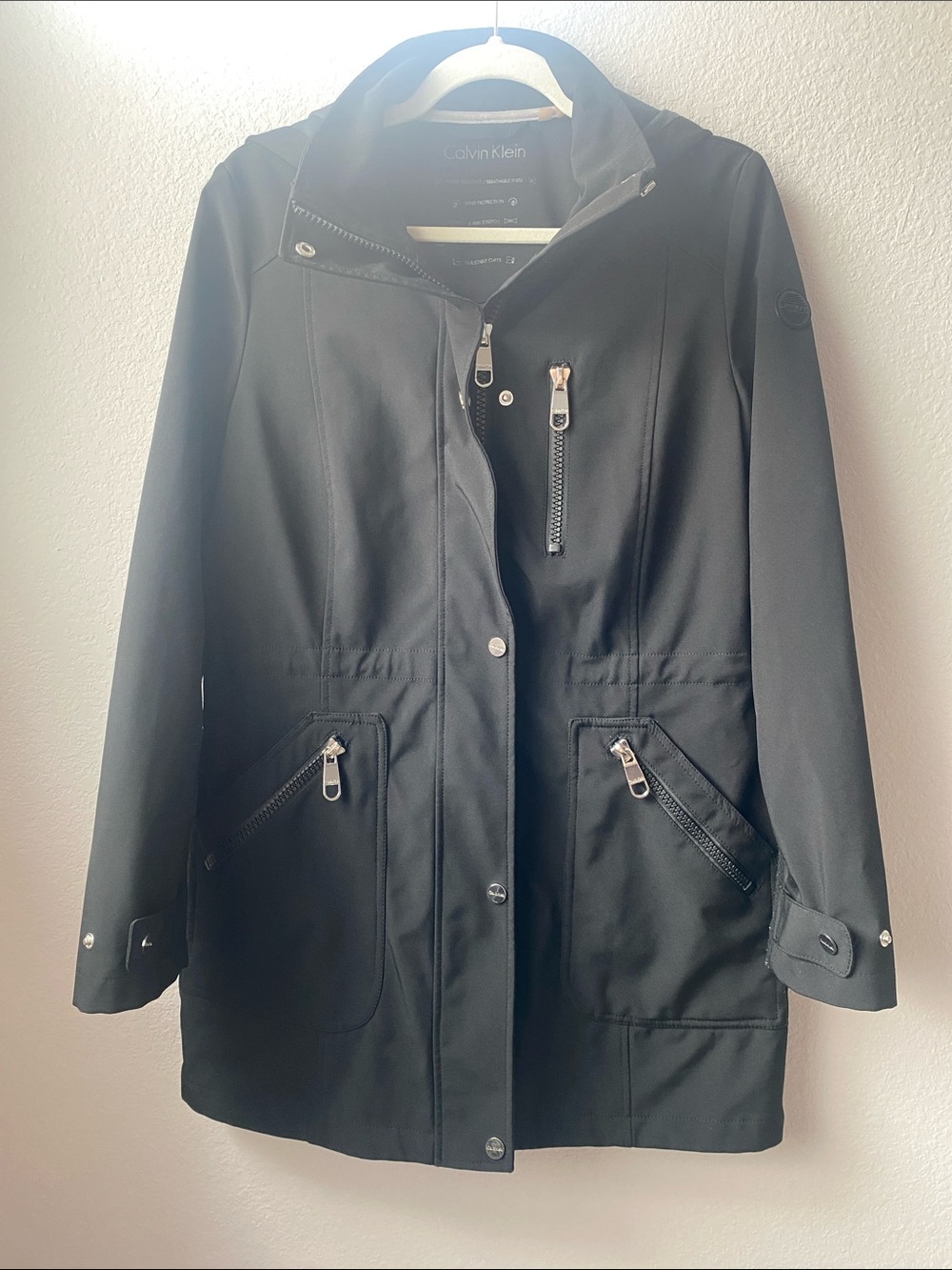 Calvin Klein Black Hooded Trench Coat with Zip Pockets